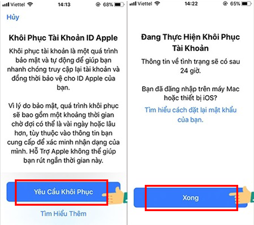 Chọn “Yêu cầu khôi phục”